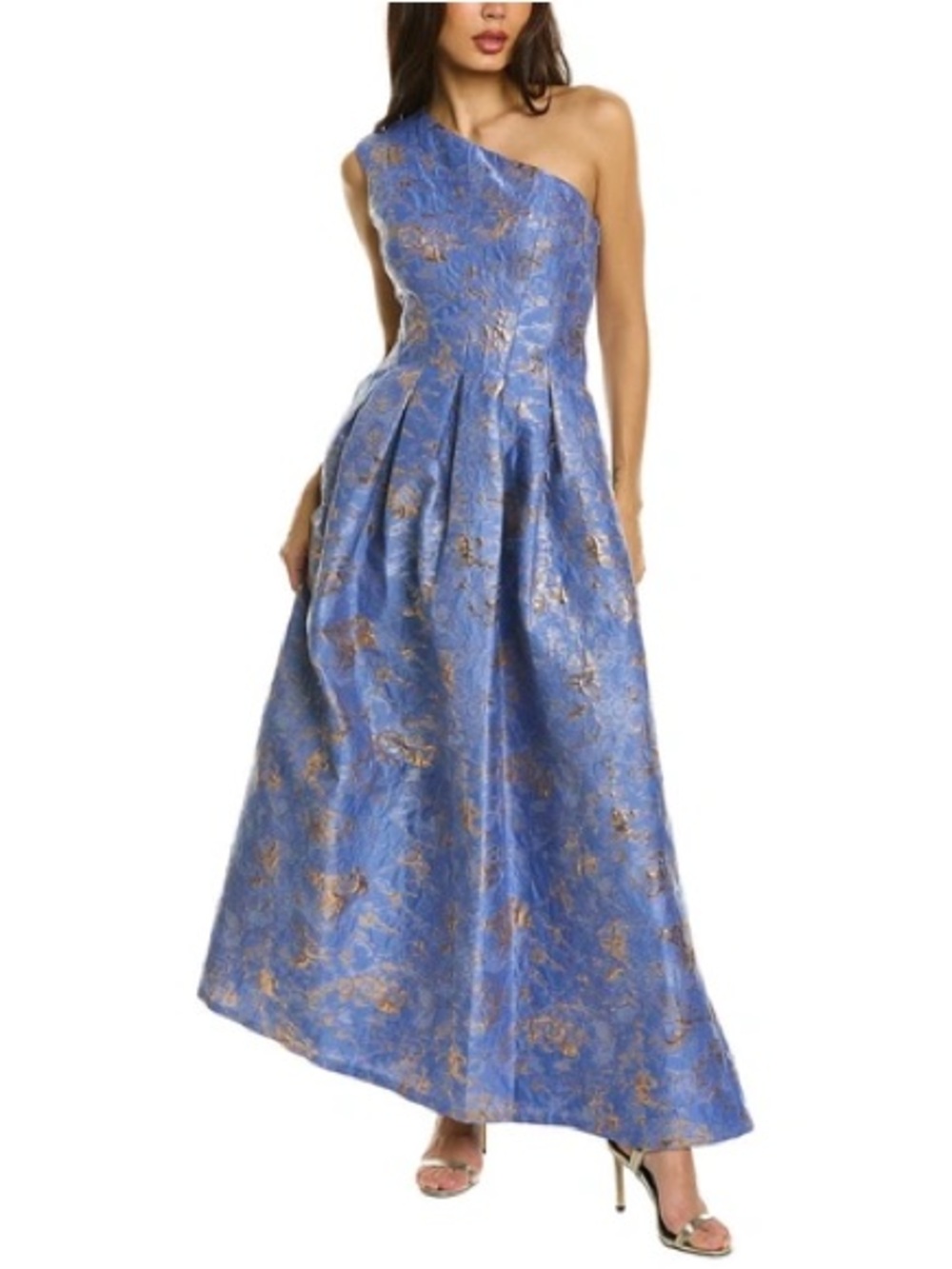 Kay Unger One-Shoulder Blue Dress with Gold Floral Jacquard